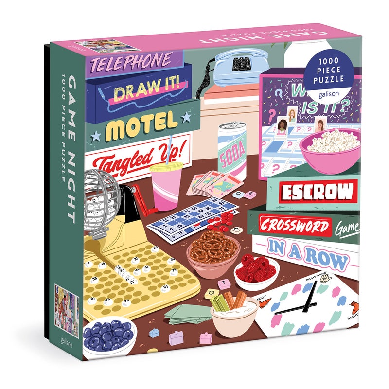 جاليسون لغز Galison Game Night 1000 قطعة في صندوق مربع من Galison - 27 بوصة × 20 بوصة لغز مصور بشكل جميل قطع سميكة وقوية نشاط ممتع وصعب للبالغين فكرة هدية فريدة من نوعها! - Image 1